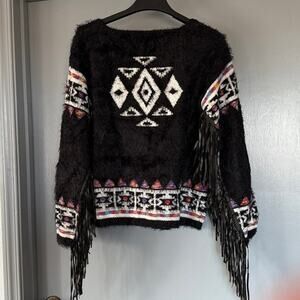 Elon Women's Shaggy Black and White Pullover Sweater Fringed Sleeves sz M Boho